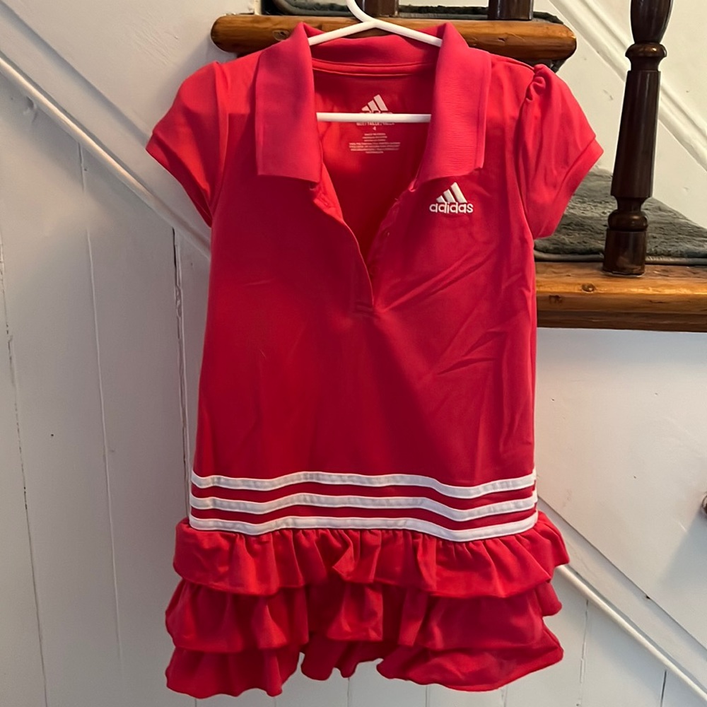 Adidas Girls Pink Tennis Dress with white stripes & ruffes